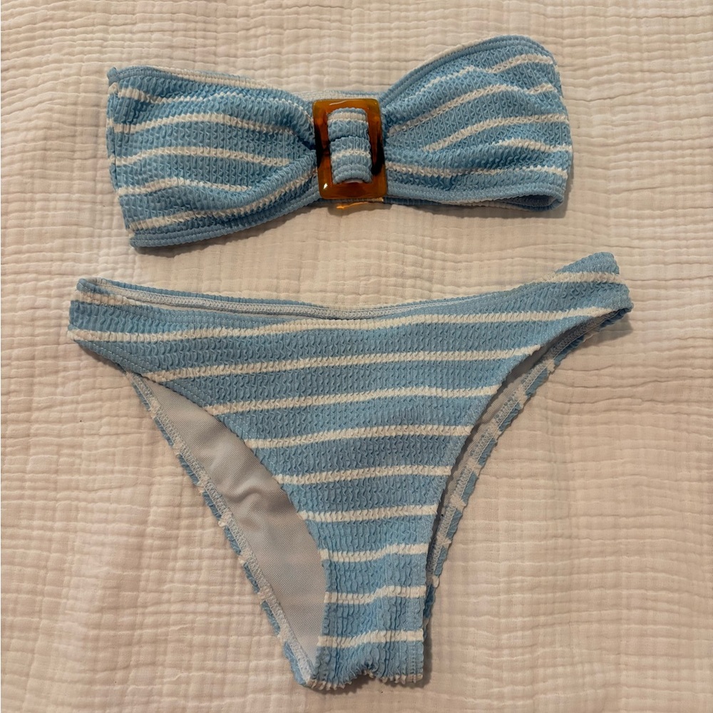 Strapless Striped Blue and White Bikini Set